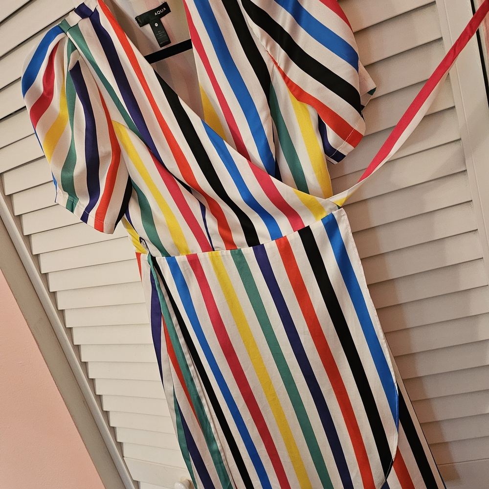Aqua Multicolor Striped Asymmetrical Dress